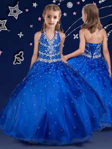 Royal Blue Ball Gowns Halter Top Sleeveless Organza Floor Length Lace Up Beading Child Pageant Dress
