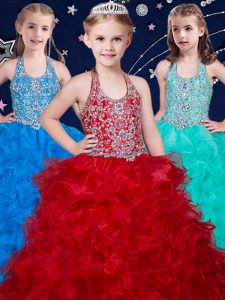Stunning Halter Top Wine Red and Baby Blue and Turquoise Sleeveless Beading and Ruffles Floor Length Little Girls Pageant Dress Wholesale