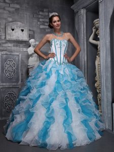 Sweet Taffeta and Organza Appliques White And Blue Quinceanera Dresses