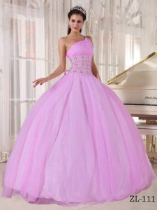 Baby Pink One-shoulder Ball Gown Ruched Organza Quinceanera Dress with Beading