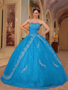Teal Strapless Floor-length Organza Quinceanera Dress with Embroidery and Beading