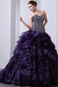 Popular Sweetheart Brush Train Ruffled Lace-up Sweet 16 Dress in Purple