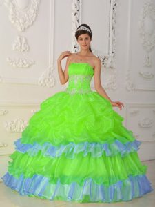 Strapless Beading and Ruffles Organza Quinceanera Dress in Green and Blue