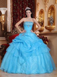 Aqua Blue Ball Gown Strapless Organza Beading Autumn Quinceanera Gowns