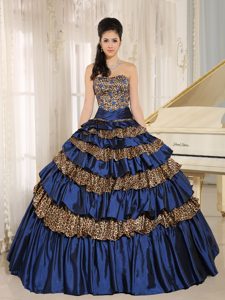Leopard Ruffled Appliqued Navy Blue Quinceanera Dress with Beading