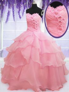 Most Popular Baby Pink Lace Up Sweet 16 Dress Beading and Hand Made Flower Sleeveless Floor Length