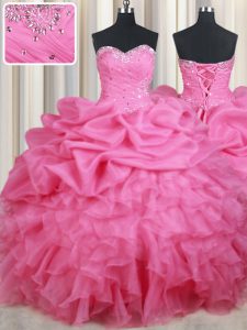 Rose Pink Sweetheart Lace Up Beading and Ruffles and Pick Ups Sweet 16 Dresses Sleeveless