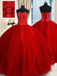 Glorious Floor Length Ball Gowns Sleeveless Red Ball Gown Prom Dress Lace Up