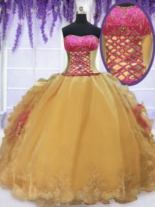 Sexy Gold Lace Up Strapless Beading and Lace and Ruffles Quinceanera Dresses Organza and Taffeta Sleeveless