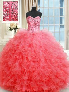 Beading and Ruffles Quinceanera Dresses Coral Red Lace Up Sleeveless Floor Length