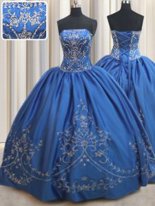 Dazzling Strapless Sleeveless Ball Gown Prom Dress Floor Length Beading and Embroidery Royal Blue Satin