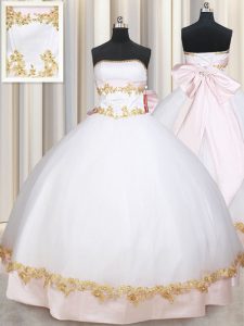 Popular Beading and Appliques and Bowknot 15th Birthday Dress White Lace Up Sleeveless Floor Length