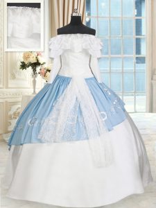 Dazzling Blue And White Taffeta Lace Up Off The Shoulder Long Sleeves Floor Length Quinceanera Dress Lace and Bowknot
