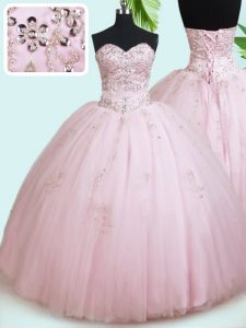 Dramatic Baby Pink Ball Gowns Tulle Sweetheart Sleeveless Beading Floor Length Lace Up 15th Birthday Dress