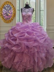 See Through Floor Length Lilac Sweet 16 Quinceanera Dress Scoop Sleeveless Lace Up
