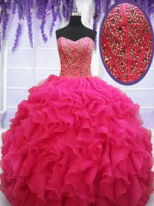 Custom Design Hot Pink Ball Gowns Organza Sweetheart Sleeveless Beading and Ruffles Floor Length Lace Up Vestidos de Quinceanera