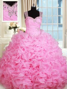 Straps Floor Length Rose Pink Vestidos de Quinceanera Organza Sleeveless Beading and Ruffles