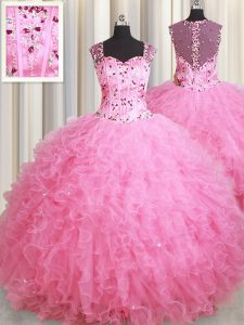 Ball Gowns 15th Birthday Dress Rose Pink Straps Tulle Sleeveless Floor Length Zipper