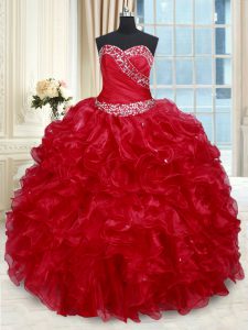 Sumptuous Red Ball Gowns Organza Sweetheart Sleeveless Beading and Ruffles Floor Length Lace Up Quinceanera Gowns
