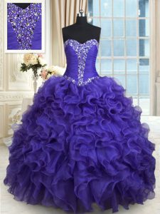 Dazzling Purple Ball Gowns Organza Sweetheart Sleeveless Beading and Ruffles Floor Length Lace Up Sweet 16 Quinceanera Dress