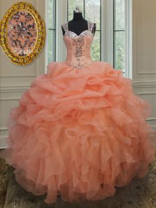 Captivating Organza Straps Sleeveless Zipper Beading and Ruffles and Pick Ups 15th Birthday Dress in Orange