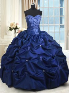 Sophisticated Appliques and Pick Ups Quince Ball Gowns Navy Blue Lace Up Sleeveless Floor Length