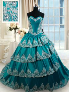 Teal Taffeta Lace Up Quinceanera Gowns Sleeveless Floor Length Beading and Embroidery and Ruffled Layers