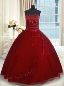 Wine Red Sleeveless Floor Length Beading and Appliques Lace Up Quinceanera Gowns