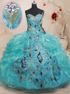 Sleeveless Floor Length Beading and Embroidery and Ruffles Zipper Sweet 16 Quinceanera Dress with Teal