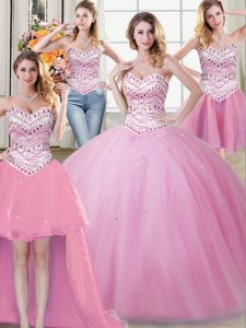 Noble Four Piece Rose Pink Sweetheart Neckline Beading Quinceanera Dress Sleeveless Lace Up
