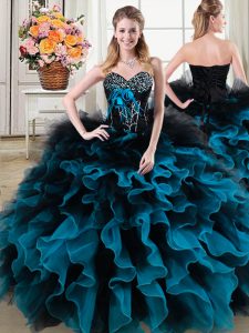 Discount Beading and Ruffles and Hand Made Flower Sweet 16 Dress Black and Blue Lace Up Sleeveless Floor Length