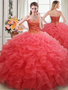 Best Selling Sleeveless Organza Floor Length Lace Up Quinceanera Dresses in Coral Red with Beading and Ruffles