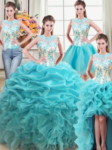 Four Piece Scoop Aqua Blue Lace Up Quince Ball Gowns Beading and Ruffles Sleeveless Floor Length