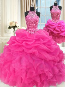 Three Piece Halter Top Sleeveless Organza Ball Gown Prom Dress Beading and Ruffles and Pick Ups Lace Up