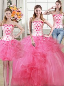 Three Piece Hot Pink Ball Gowns Tulle Strapless Sleeveless Beading and Appliques and Ruffles Floor Length Lace Up 15 Quinceanera Dress
