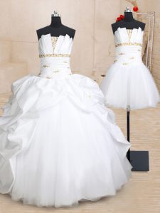 New Arrival Three Piece Beading and Pick Ups Quince Ball Gowns White Lace Up Sleeveless Floor Length