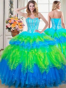 Sweetheart Sleeveless 15 Quinceanera Dress Floor Length Beading and Ruffled Layers Multi-color Tulle