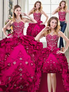 Hot Sale Four Piece Sleeveless Organza and Taffeta Floor Length Lace Up Quinceanera Gown in Fuchsia with Beading and Embroidery