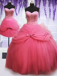 Three Piece Rose Pink Lace Up Sweet 16 Quinceanera Dress Beading and Bowknot Sleeveless Floor Length