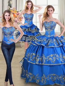 Three Piece Ruffled Blue Sleeveless Taffeta Lace Up Vestidos de Quinceanera for Military Ball and Sweet 16 and Quinceanera