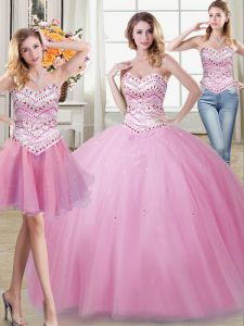 Three Piece Floor Length Lace Up Quinceanera Dress Rose Pink for Military Ball and Sweet 16 and Quinceanera with Beading
