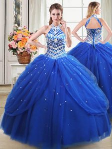 Royal Blue Tulle Lace Up Halter Top Sleeveless Floor Length Sweet 16 Quinceanera Dress Beading and Pick Ups