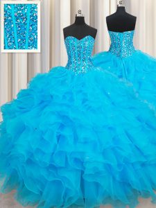 Suitable Baby Blue Sleeveless Floor Length Beading and Ruffles Lace Up Quinceanera Gowns