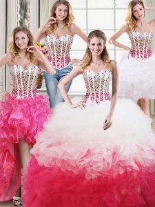 Latest Four Piece White and Red Sleeveless Organza Lace Up Quinceanera Gowns for Military Ball and Sweet 16 and Quinceanera