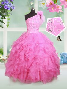 Most Popular One Shoulder Rose Pink Ball Gowns Beading and Ruffles and Hand Made Flower Little Girls Pageant Dress Wholesale Lace Up Organza Sleeveless Floor Length