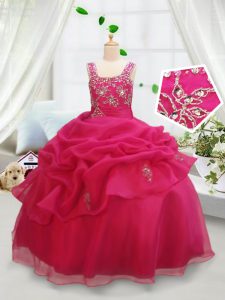 Eye-catching Square Sleeveless Floor Length Beading and Pick Ups Zipper Little Girl Pageant Dress with Hot Pink