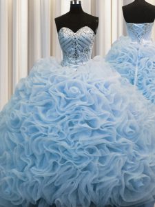 Attractive Rolling Flowers Baby Blue Sweetheart Lace Up Beading and Pick Ups Quinceanera Gown Brush Train Sleeveless