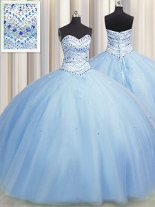 Bling-bling Big Puffy Sweetheart Sleeveless Quinceanera Dresses Floor Length Beading Light Blue Tulle