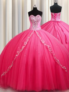 On Sale Hot Pink Lace Up Sweetheart Beading Sweet 16 Dresses Tulle Sleeveless Brush Train