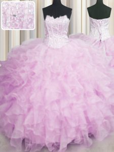 Captivating Visible Boning Pink Scalloped Neckline Beading and Ruffles Quinceanera Dresses Sleeveless Lace Up